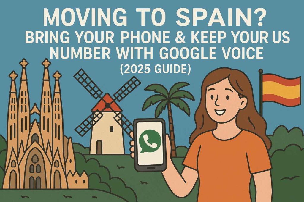 Cartoon of Girl Holding an Phone in front of Spanish cathedral and windmills